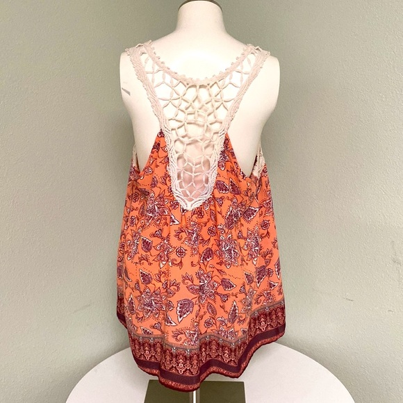 Vanity Salmon Pink and Burgundy Netted and Print Tank Top Size L - Picture 3 of 6